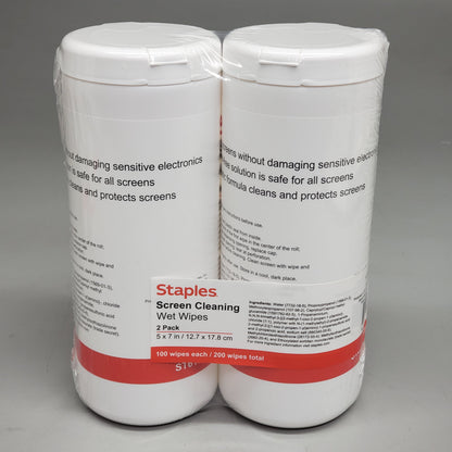 ZA@ STAPLES (2 Pack) Screen Cleaning Wet Wipes 100ct 5x7" ST61848 Non-Abrasive