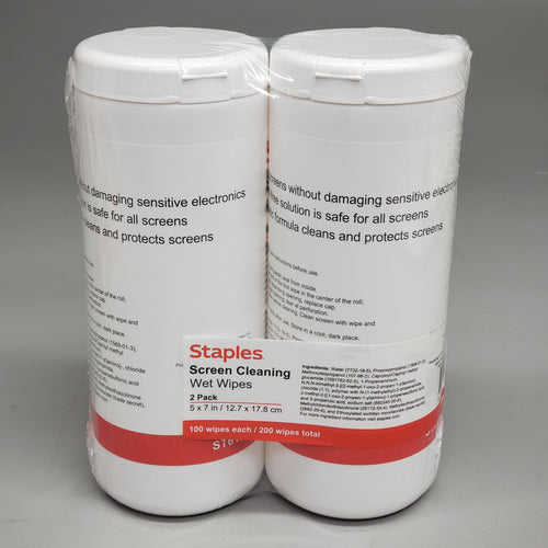 ZA@ STAPLES (2 Pack) Screen Cleaning Wet Wipes 100ct 5x7" ST61848 Non-Abrasive