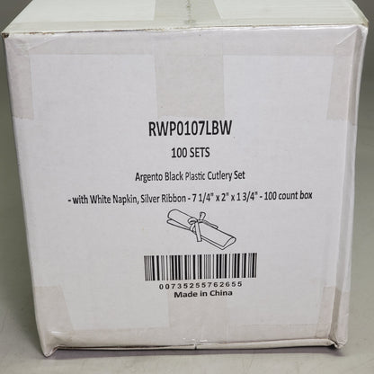RESTAURANTWARE (100 Sets) Argento Black Plastic Cutlery Sets W/ Napkin 7.25" RWP0107LBW
