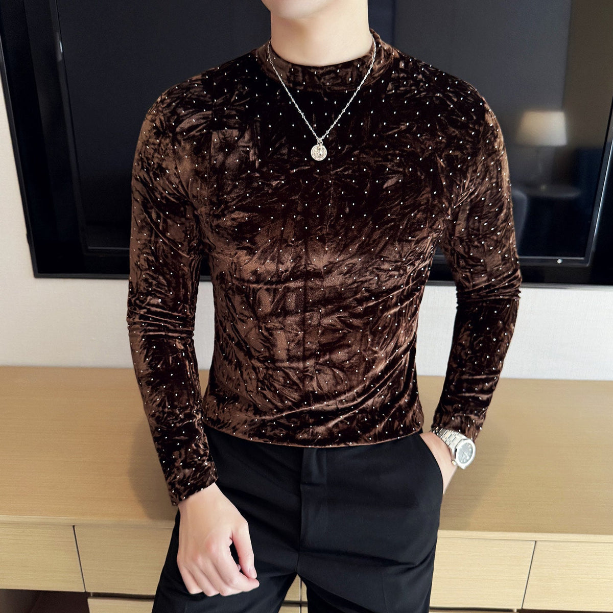 Velvet Starry Pattern Half-High Collar T-Shirt