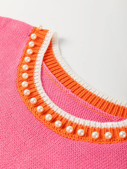 Contrast Trim Pearl Detail Sweater Tank Top
