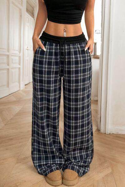 Plaid Wide Leg Pants with Drawstring and Sheer Style