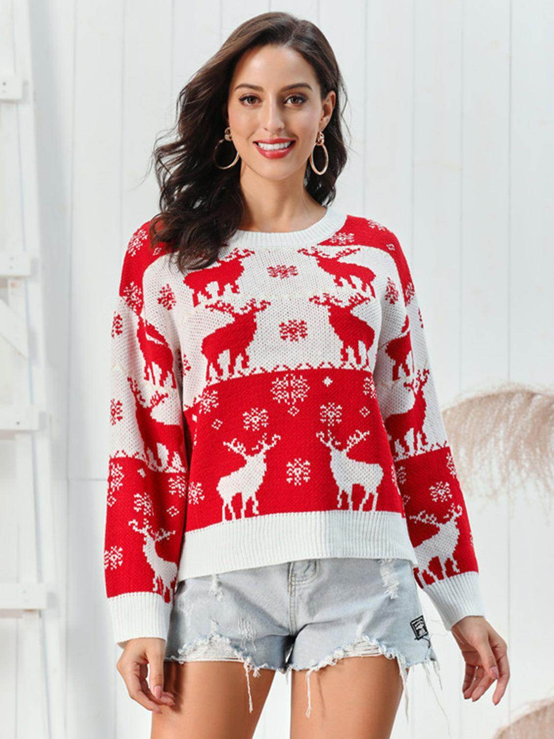 Reindeer Round Neck Sweater for Cozy Winter Style