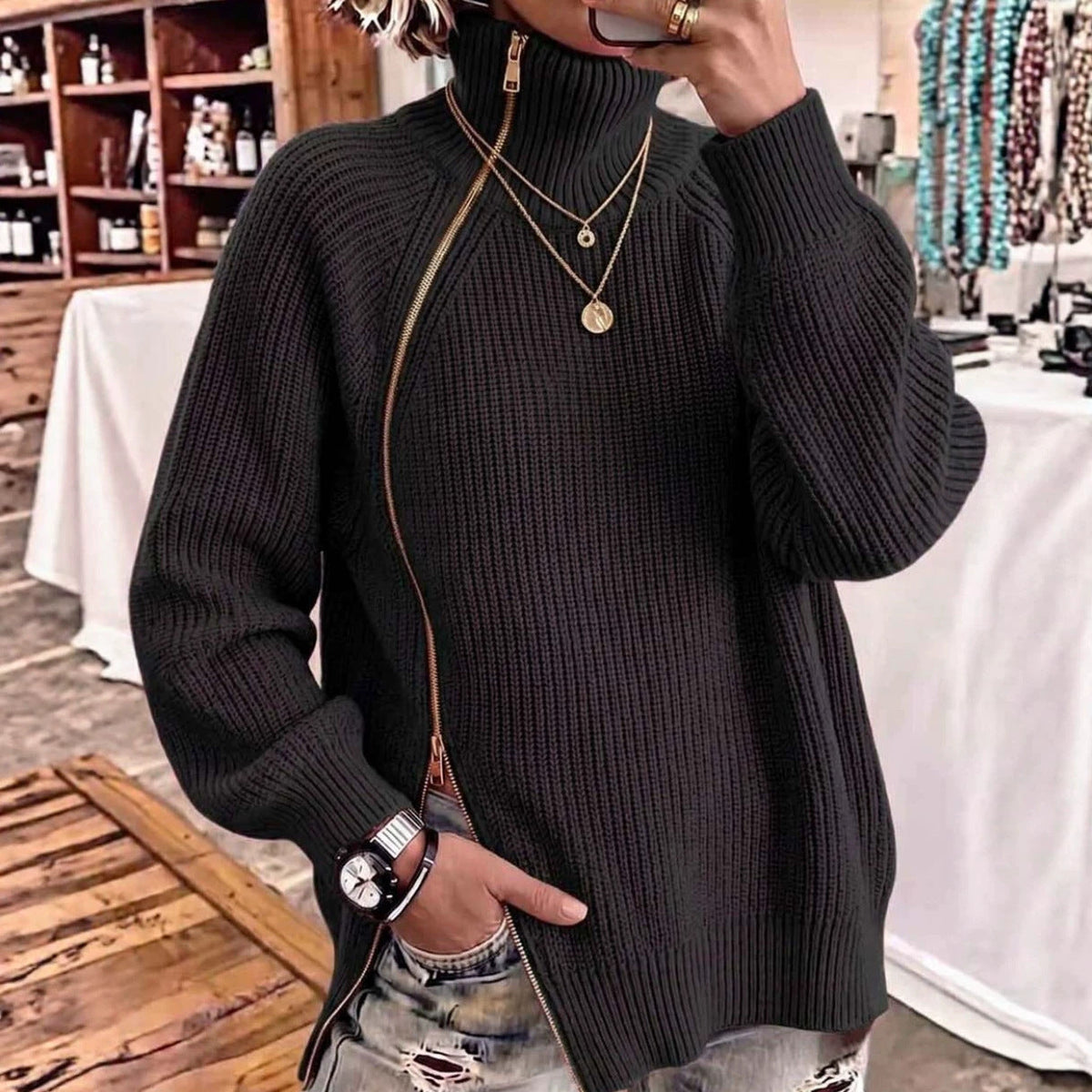 Solid-color Turtleneck Long-sleeve Loose-fit Knit Top With A Side Zipper