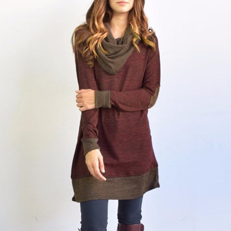 New Women Long Sleeve Patchwork Pullover Elbow Patches Cowl Neck Femme Long Tops Casual Spring Autumn Blouse Shirts Thin