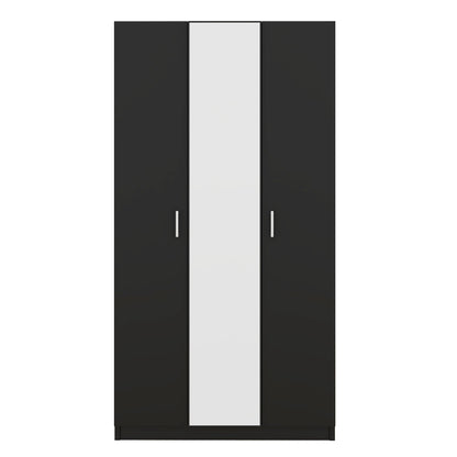 3 Door Wardrobe with Mirror, Armoire with Hanging Rod and 3 Fixed Shelves,Black