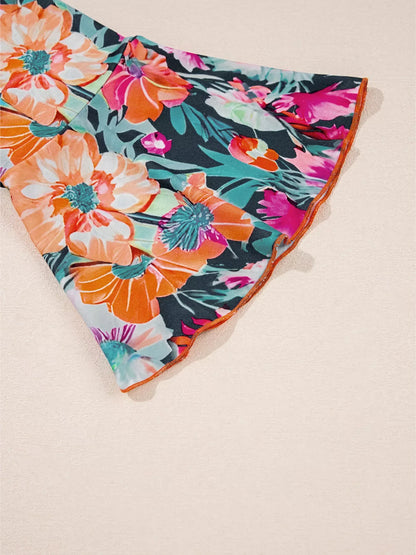 Floral 3/4 Flare Sleeve Tied Neck Blouse