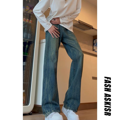 Mens Washed Straight-Slit Denim Jeans