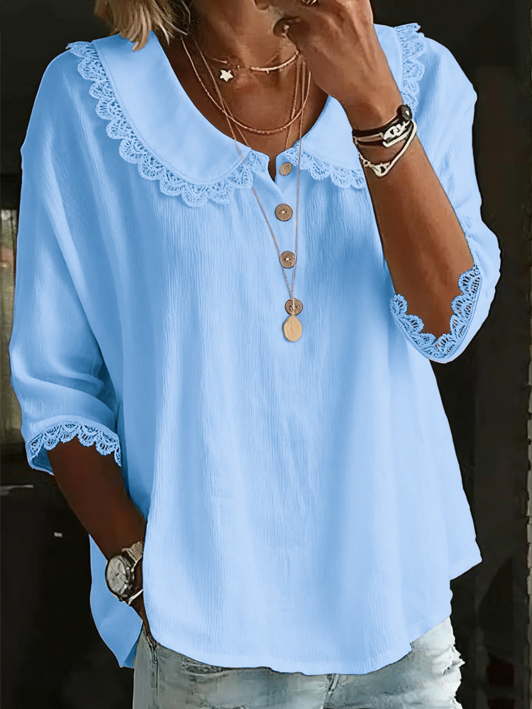 Fashionable Collar With Lace Trim Blouse Tops For Women Spring Summer Solid-Color Button-Up Shirt