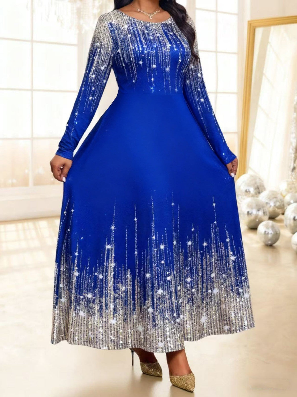 Plus-size Womens Sequined Crew-neck Long-sleeve Dress