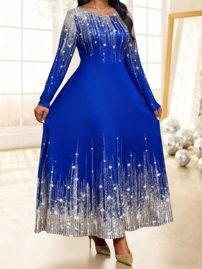Plus-size Womens Sequined Crew-neck Long-sleeve Dress