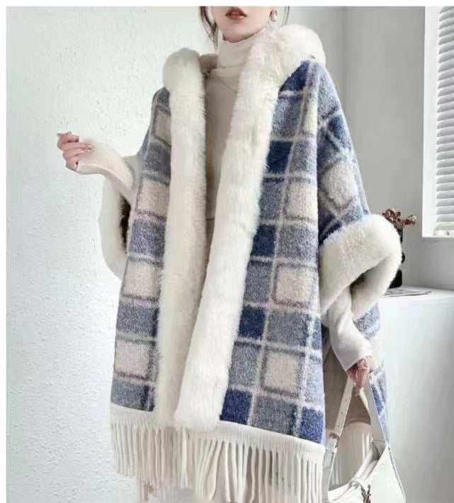 New Winter Hooded Cloak Shawl Fleece-lined And Extra-thick Latest Style