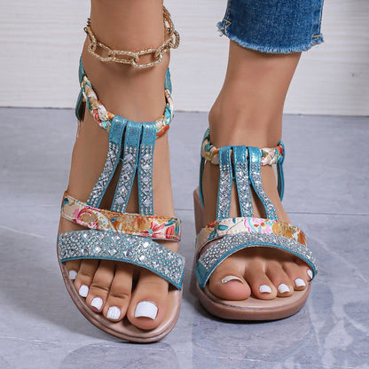 Bohemian Wedge Peep Toe Sandals Women's Fashion Outerwear Elastic Slip-on