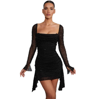 Womens Solid-color Sequined Beaded Square-neckline Waist-cinching Dress