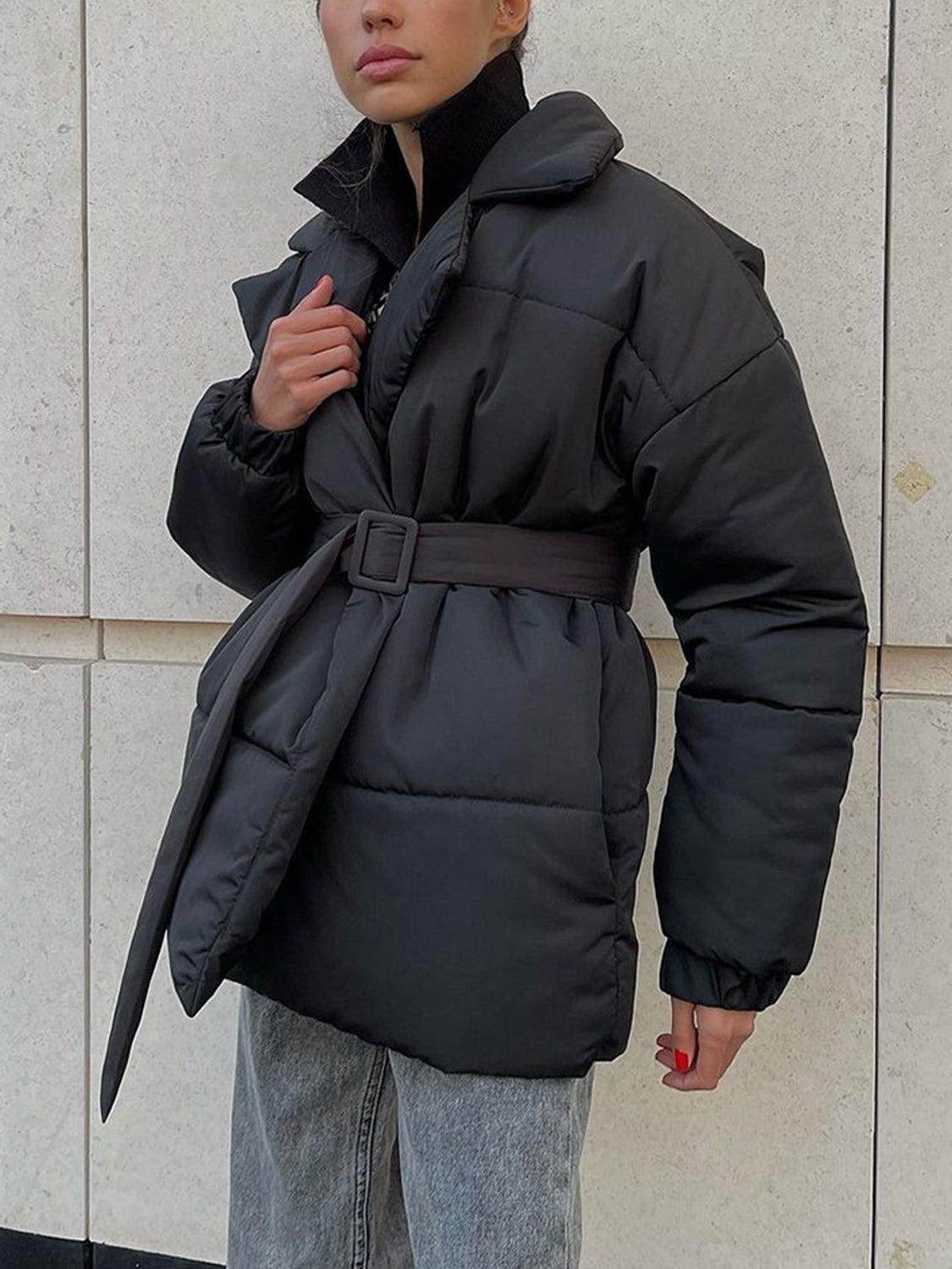 Puffer Long Sleeve Winter Coat with Belt for Women