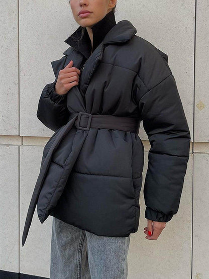 Puffer Long Sleeve Winter Coat with Belt for Women