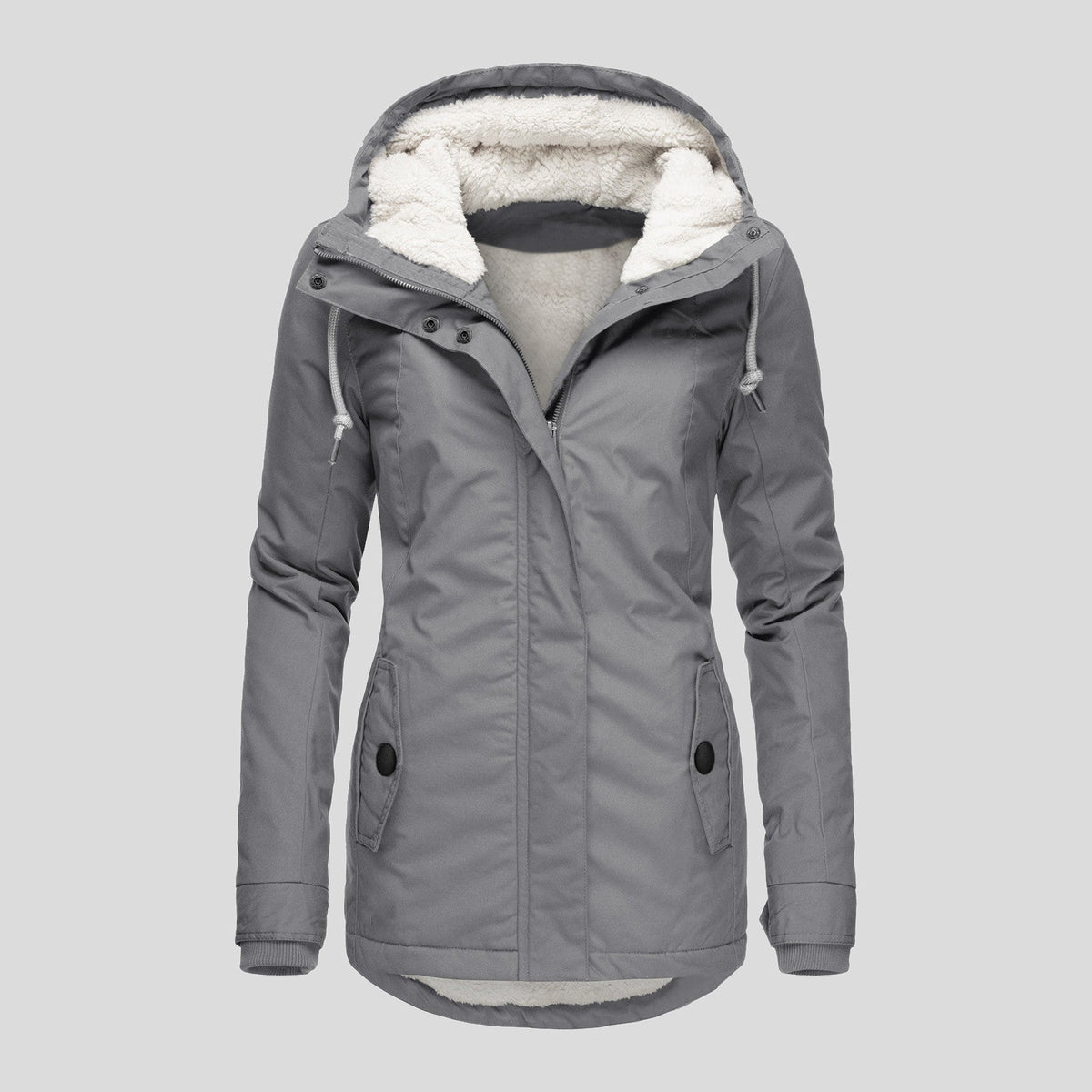 Winter Hooded Jacket Solid Color Warm Buckle Zip-up Fleece Jacket With Pockets Women's Casual Jacket