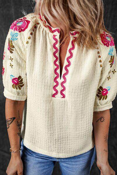 Floral Embroidered Notched Puff Sleeve Blouse for Women