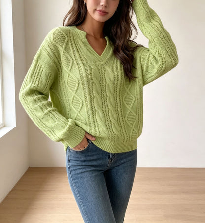 Women's Fashion Cable-knit Sweater With A Half-placket Neckline