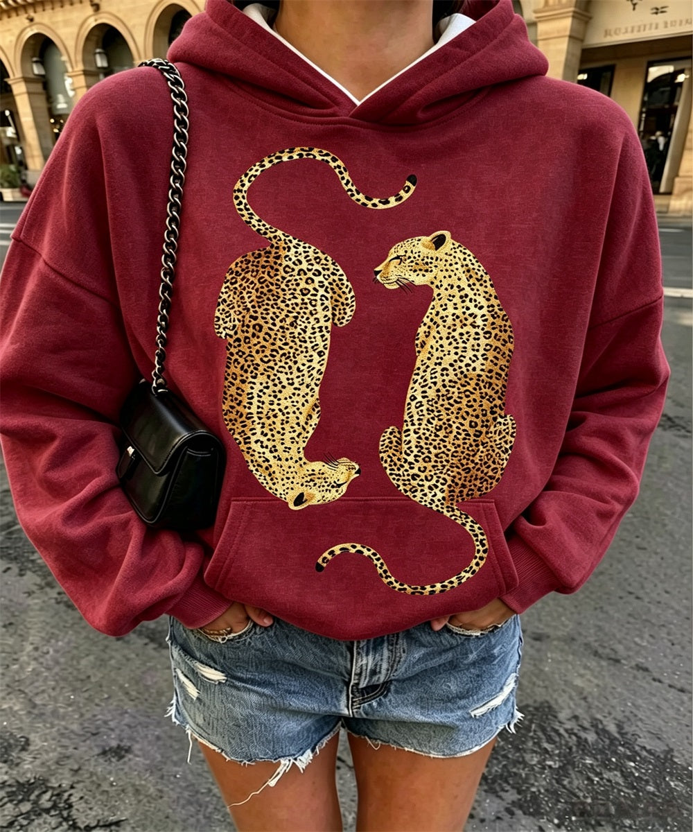 Women's Vintage Two Leopards Graphic Print Hoodie, Long Sleeve Drawstring Casual Pullover Sweatshirt With Kangaroo Pocket