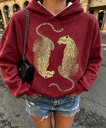 Women's Vintage Two Leopards Graphic Print Hoodie, Long Sleeve Drawstring Casual Pullover Sweatshirt With Kangaroo Pocket