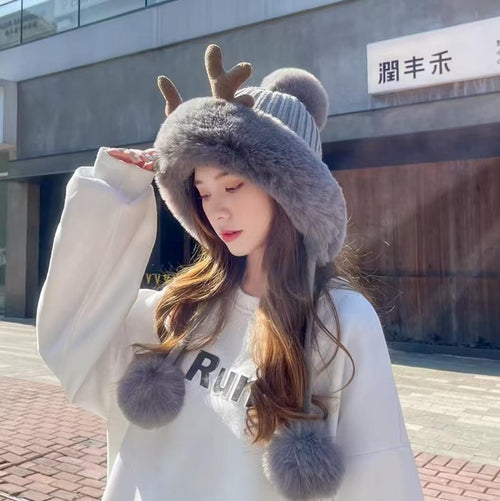 Womens Plush Antler Pom-Pom Christmas Hat