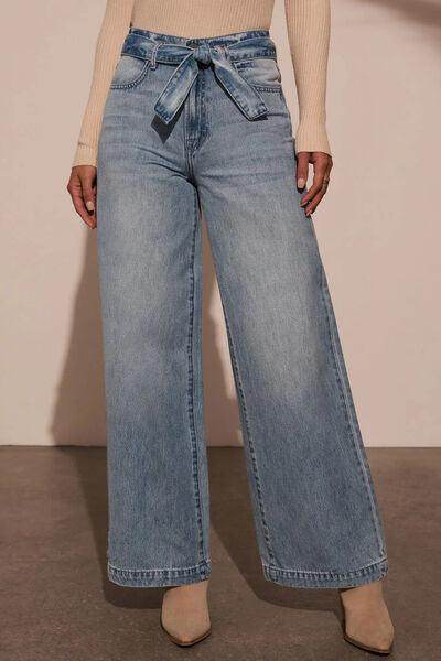 Tied Wide Leg Jeans with Pockets for Stylish Comfort
