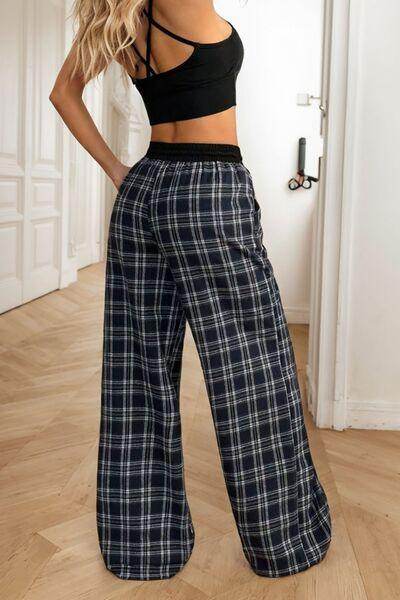 Plaid Wide Leg Pants with Drawstring and Sheer Style