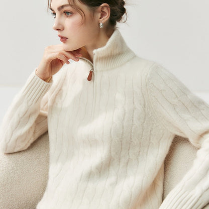 Half-Zip Cable-Knit High-Neck Goat Cashmere Sweater