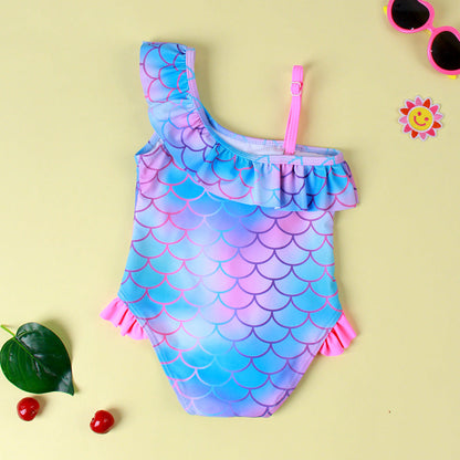Girls' Scale Printed Flounced Gradient One-piece Swimsuit