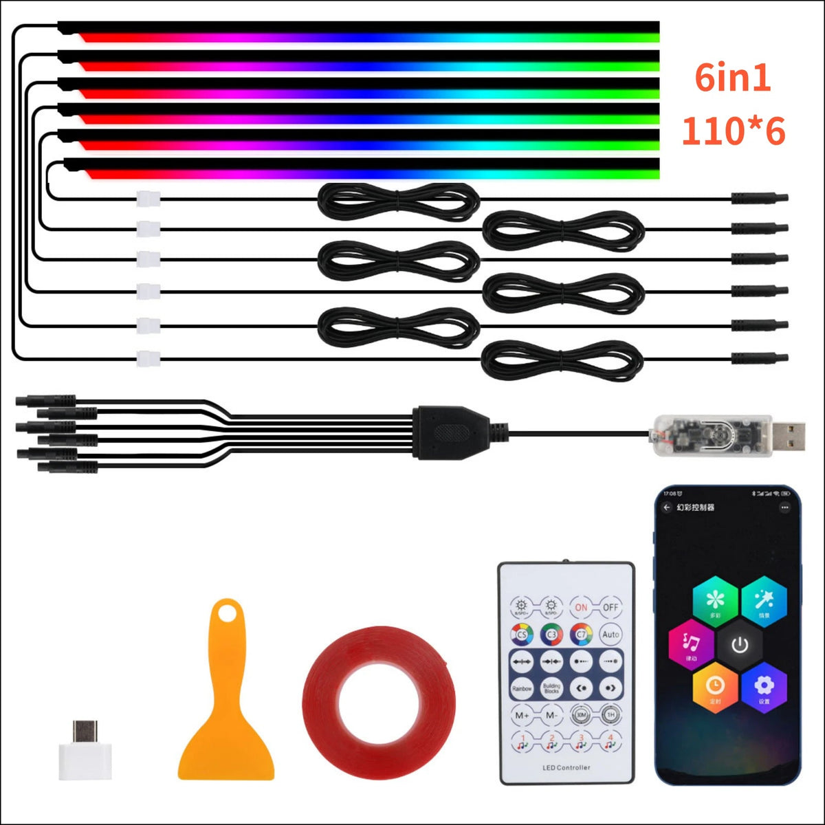 10 in 1 Car LED Acrylic Light Strip RGB Symphony Auto Interior Strip Lights Remote/APP Control Decorative Atmosphere Lamp