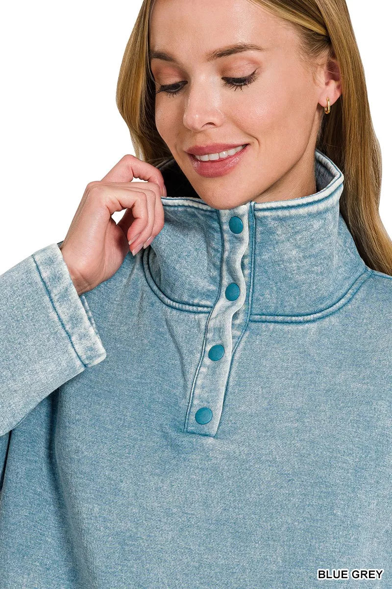 Zenana Fleece Washed High Neck Kangaroo Pocket Sweatshirt
