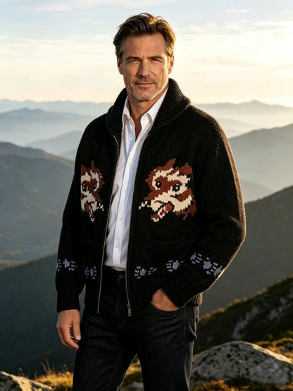 Mens Fox-Pattern Jacquard Sweater Cardigan Knitted Zip-Up Jacket