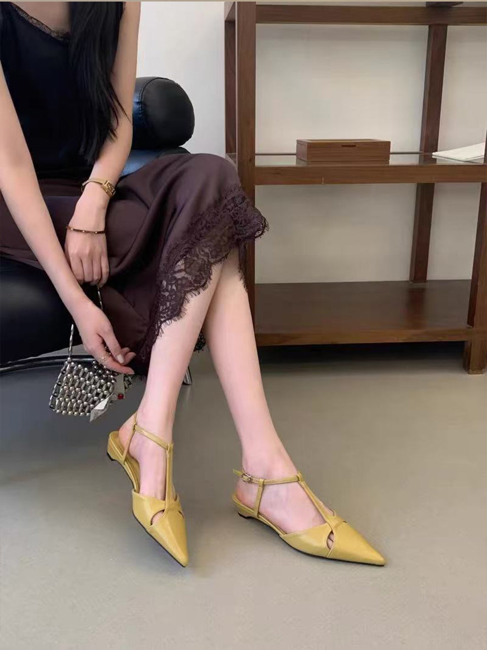 Women Elegant Minimalist T-Strap Hollow Cutout Pointed Toe Low Slim Stiletto Slingback Pumps, Matching Casual Daily  Heels