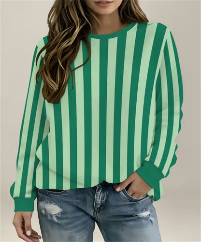Women's Pink Mint Vertical Stripe Print Crew Neck Sweatshirt, Long Sleeve Casual Pullover Top