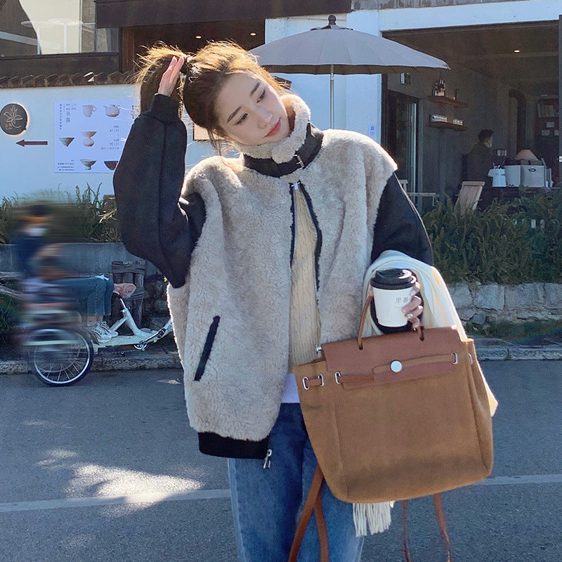 Patchwork Stand Collar Lamb Wool Motorcycle Coat