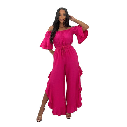 European And American Solid-color Off-shoulder Jumpsuit With A Belt