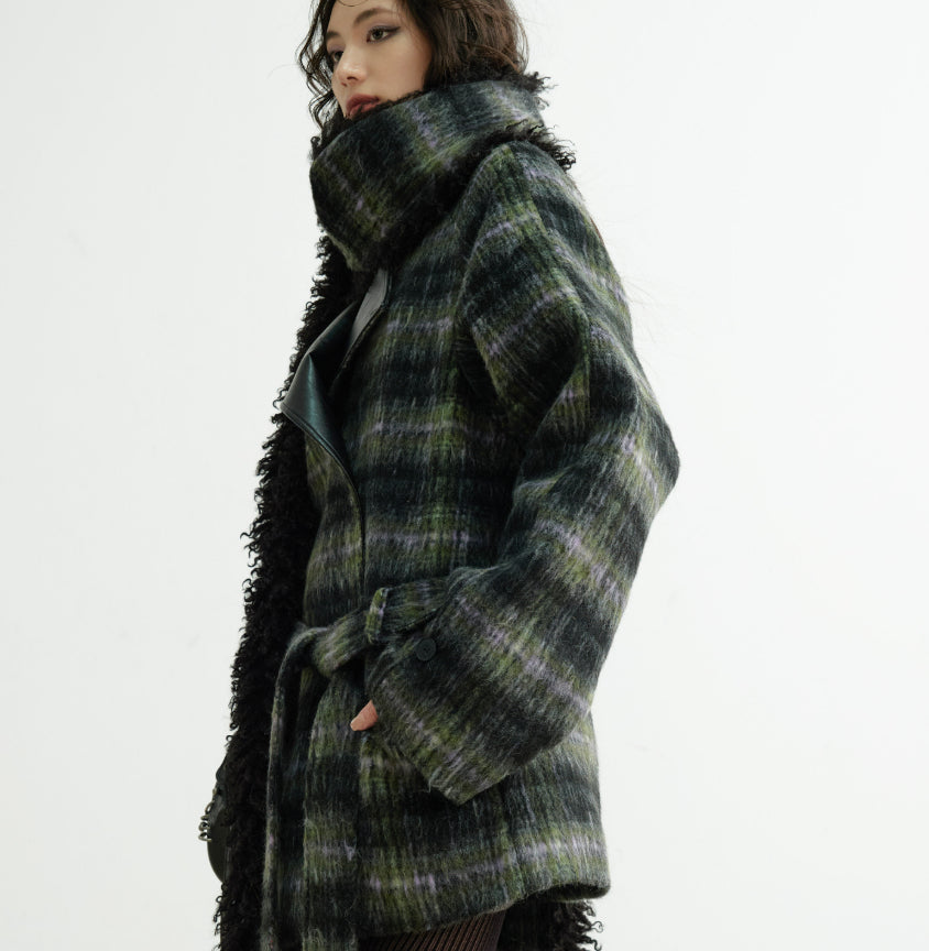 Extra-long Fluffy Scarf-style Plaid Mixed-color Wool Coat