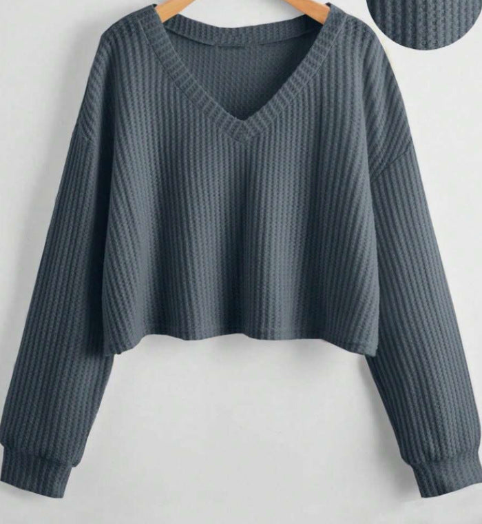 V-neck Loose-fit Short-length Long-sleeve Top