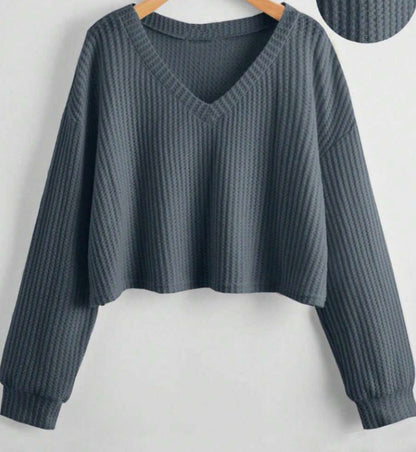 V-neck Loose-fit Short-length Long-sleeve Top