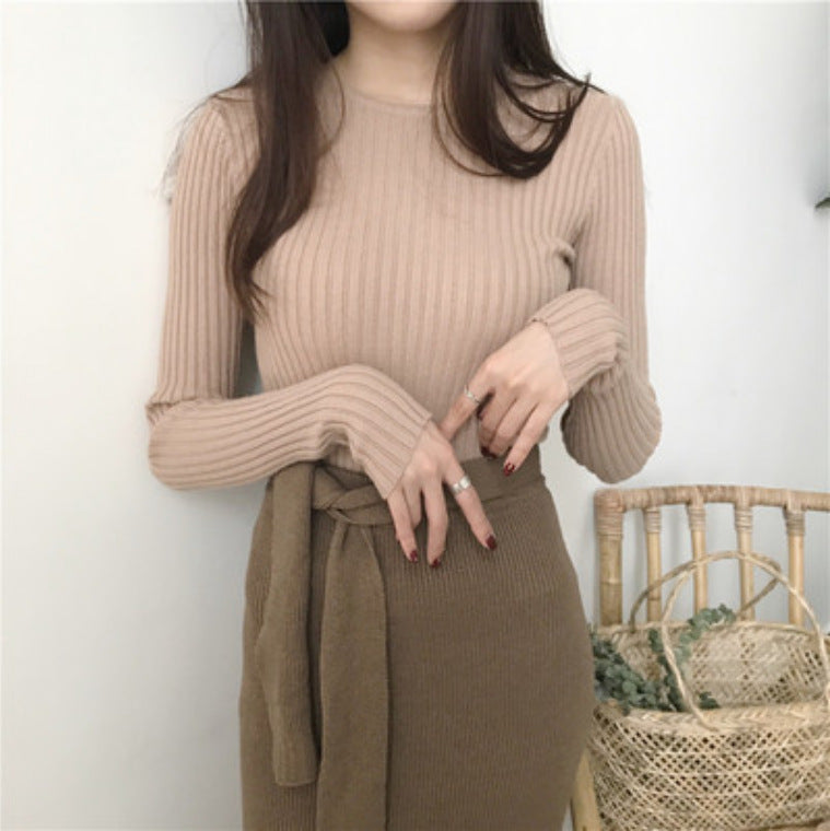 Round Neck Cored Yarn Slim Fit Sweater