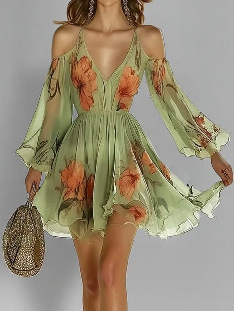 Off-shoulder Long-sleeve Chiffon Dress For Women