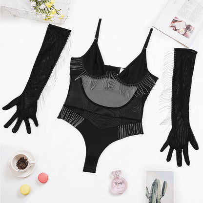 Body Shaping Sling Fashion Draping Tassel Gloves Jumpsuit Suit
