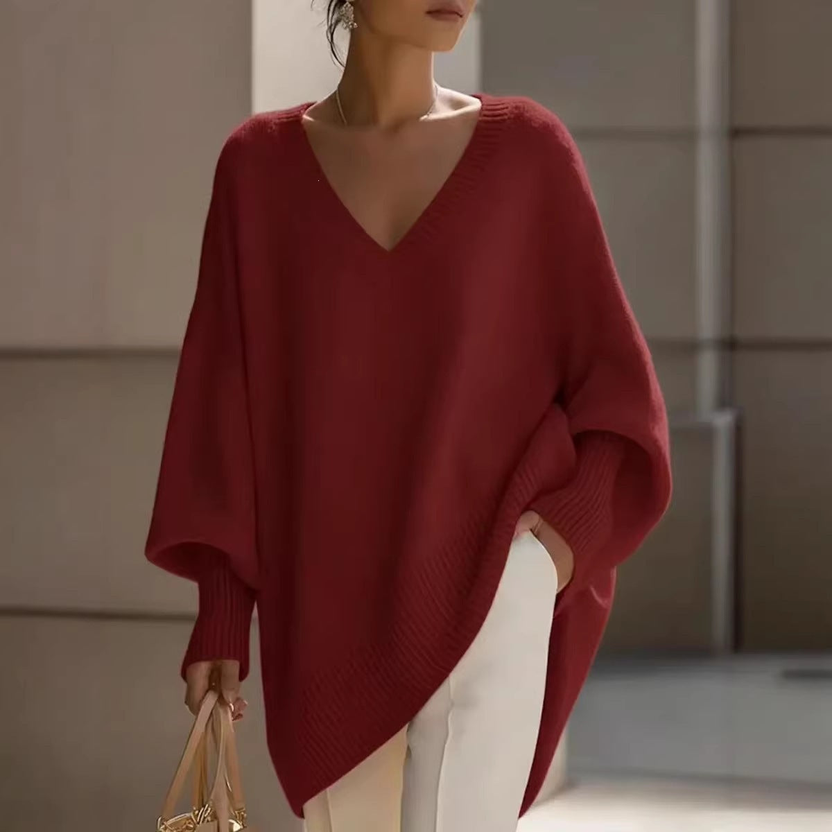 Women's V Neck Oversized Knit Sweater, Long Sleeve Solid Color Lazy Style Loose Asymmetric Hem Pullover Top For Spring Daily Wear