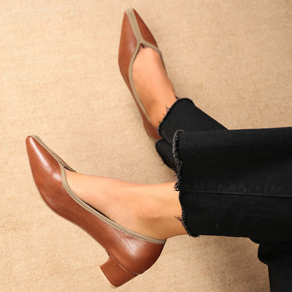 Vintage Style 2026 Spring Autumn Casual Retro Block Heel Pointed Toe Women Pumps Full Leather Low Cut Office Mid Heel Shoes