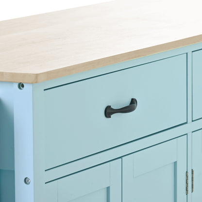 Kitchen Island Cart with 4 Door Cabinet and Two Drawers and 2 Locking Wheels - Solid Wood Top (Mint Green)