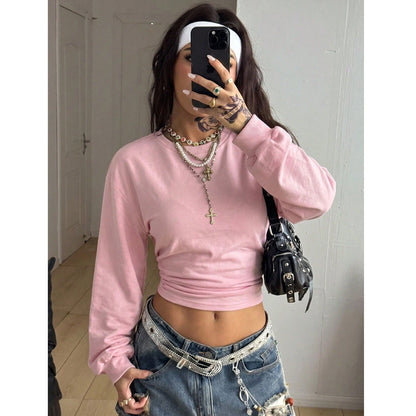 Women's Short Slim-fit Round-neck Solid-color Hoodie