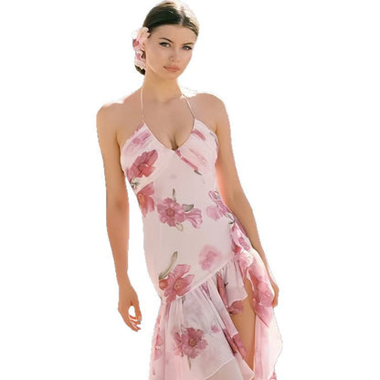 Womens Chic Seaside Vacation-style Printed Halter-neck Dress