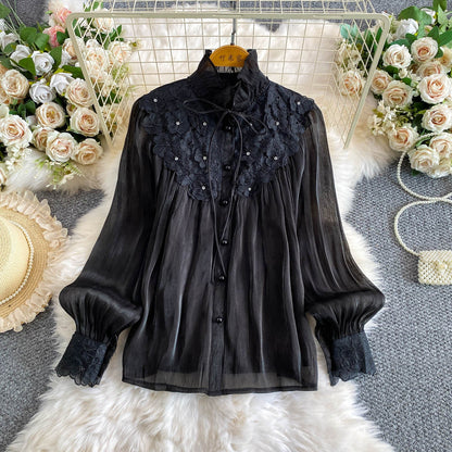 Womens Solid-color Intricately Beaded Three-dimensional Floral Ruffle-neck Blouse