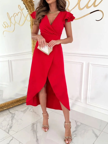 Surplice Ruffled Cap Sleeve Dress
